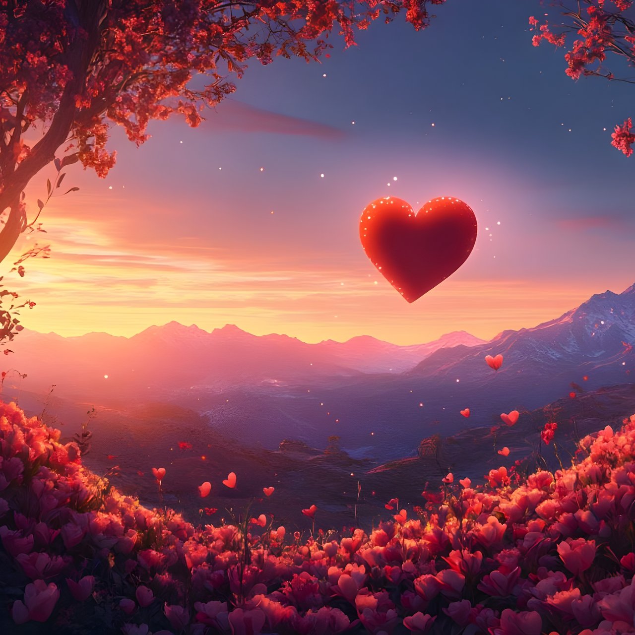 Red heart over a flower field - Wallpapers for Lenovo, Huawei in 1280x1280 resolution