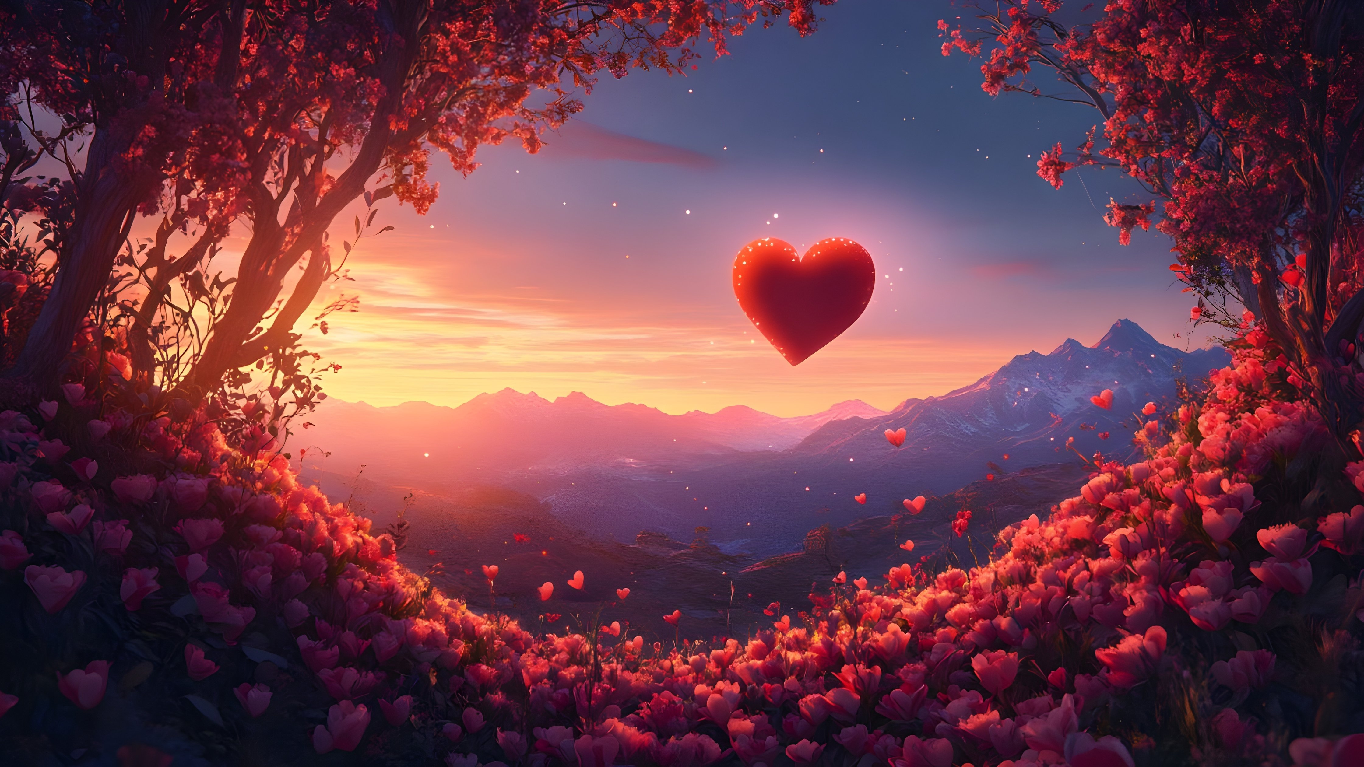 Red heart over a flower field - Wallpapers for Apple iMac 24″ in 4480x2520 resolution