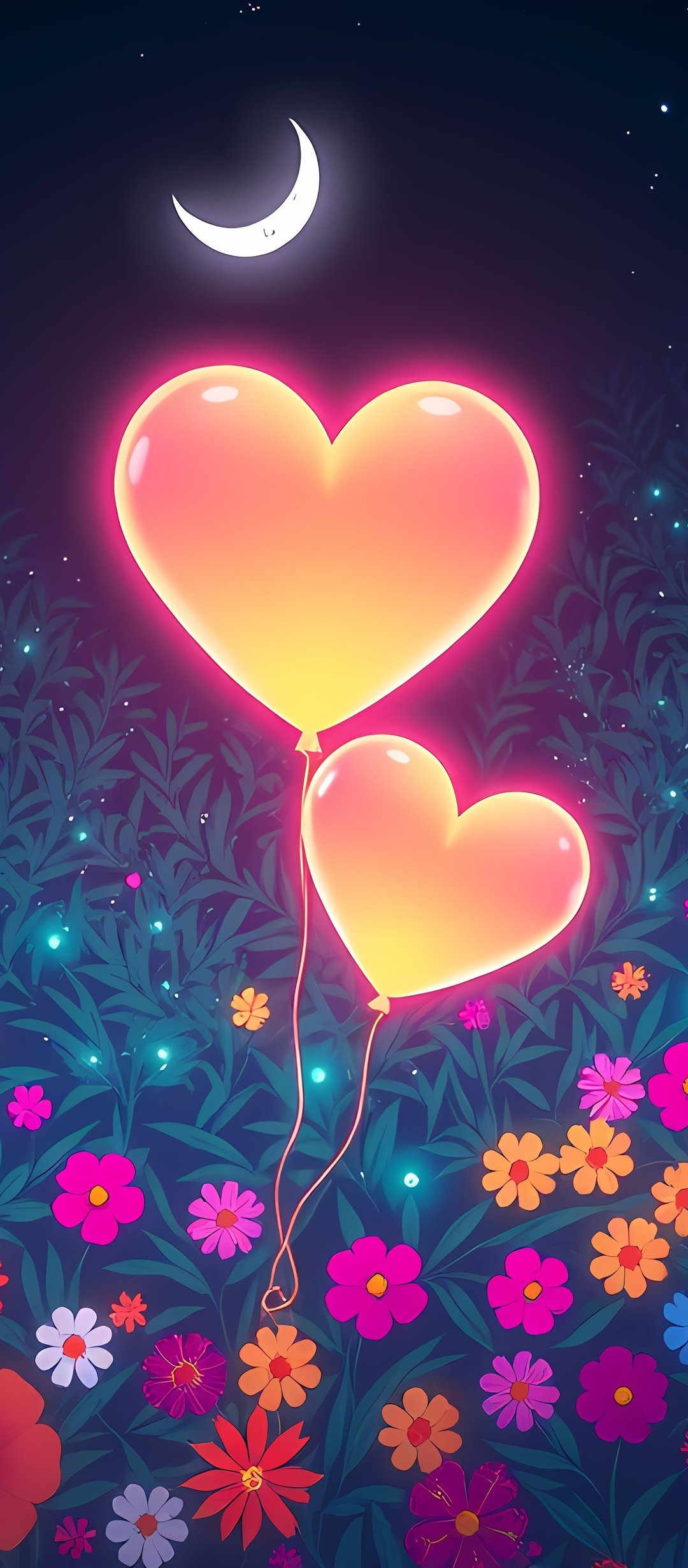 Heart-shaped balloons glowing at night - Wallpapers for TECNO/Infinix in 1080x2460 resolution