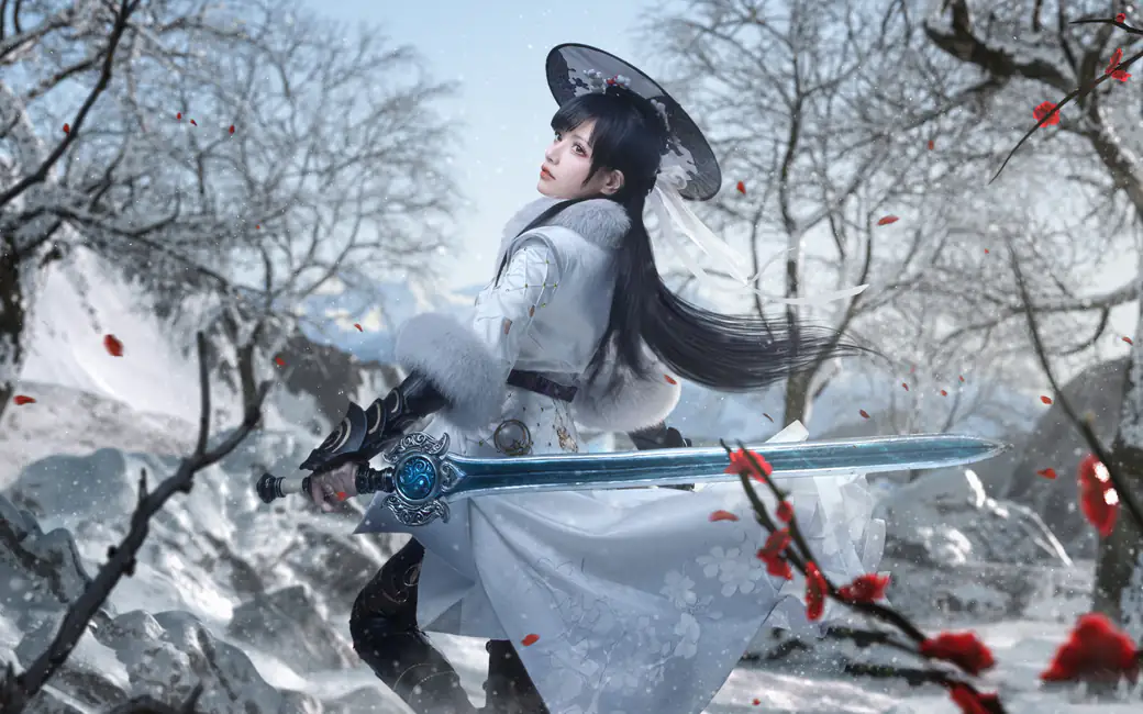 Naraka cosplay warrior in snowy forest stance — desktop and phone wallpaper, free download