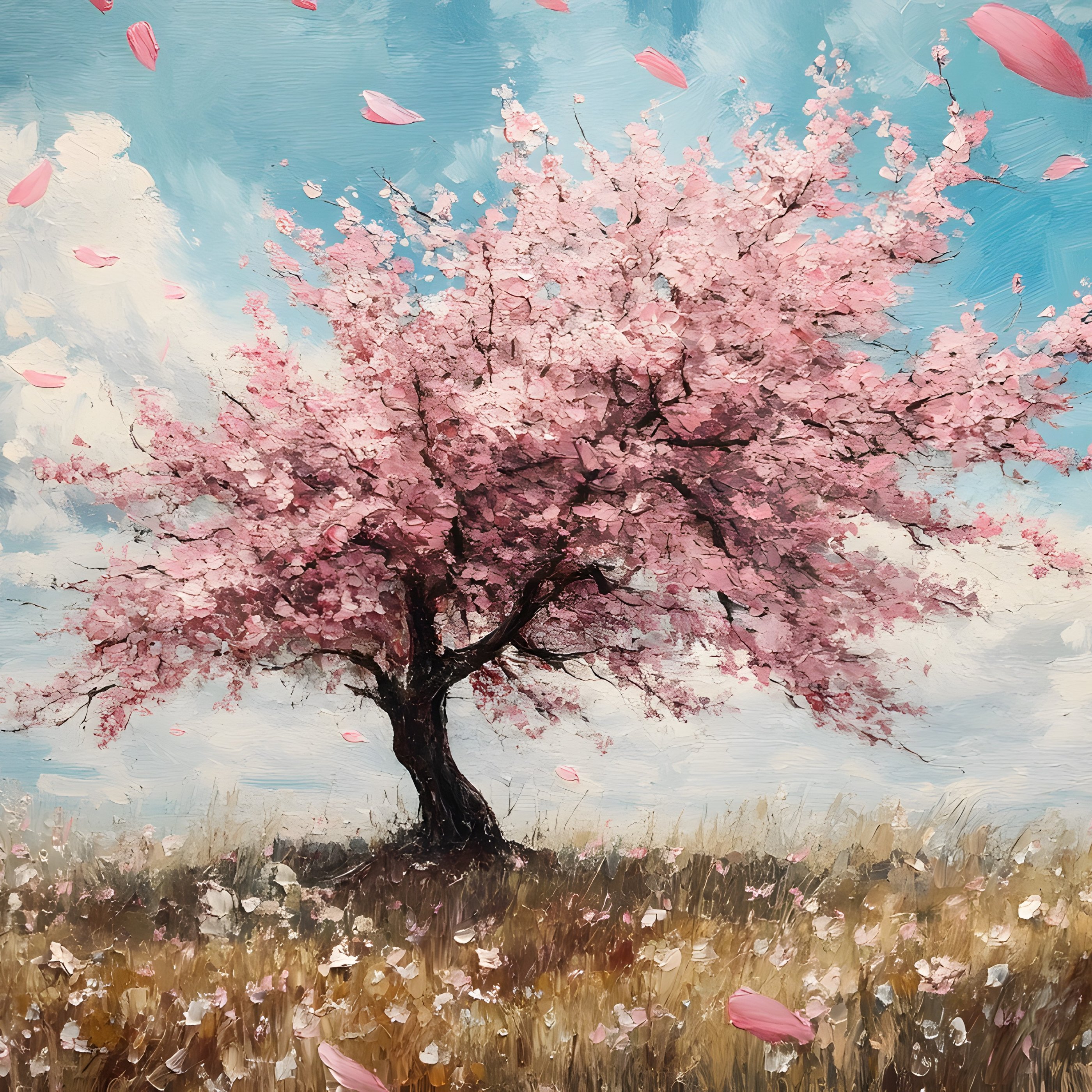 Cherry blossom tree in wheat field under summer sky - Wallpapers for Samsung Galaxy Tab S9+ in 2800x2800 resolution