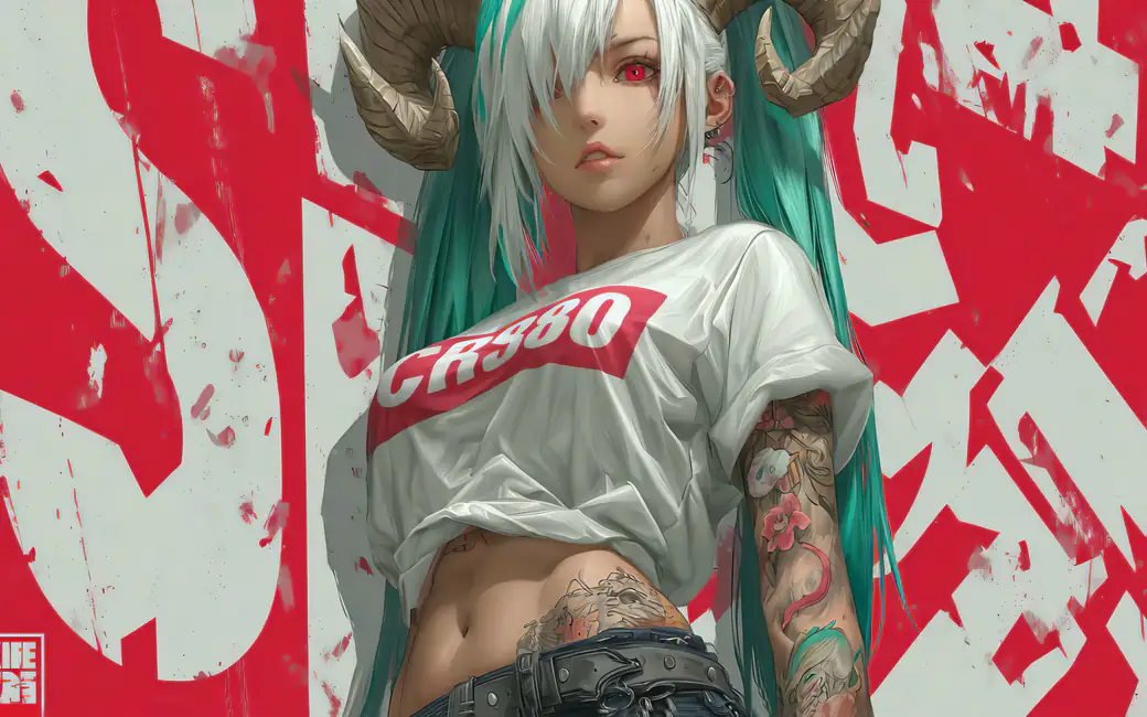 Fantasy demon girl with horns and tattoos — desktop and phone wallpaper, free download