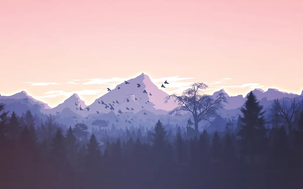 Evening forest and mountains at sunset — desktop and phone wallpaper, free download