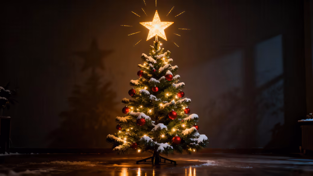 Christmas tree with a bright big star — desktop and phone wallpaper, free download