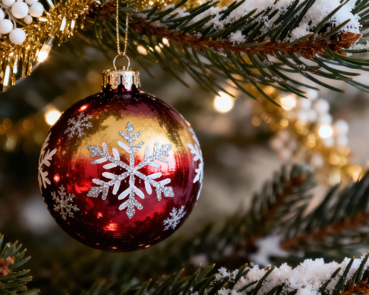 Red and gold Christmas ball on tree - SXGA wallpapers in 1280x1024 resolution