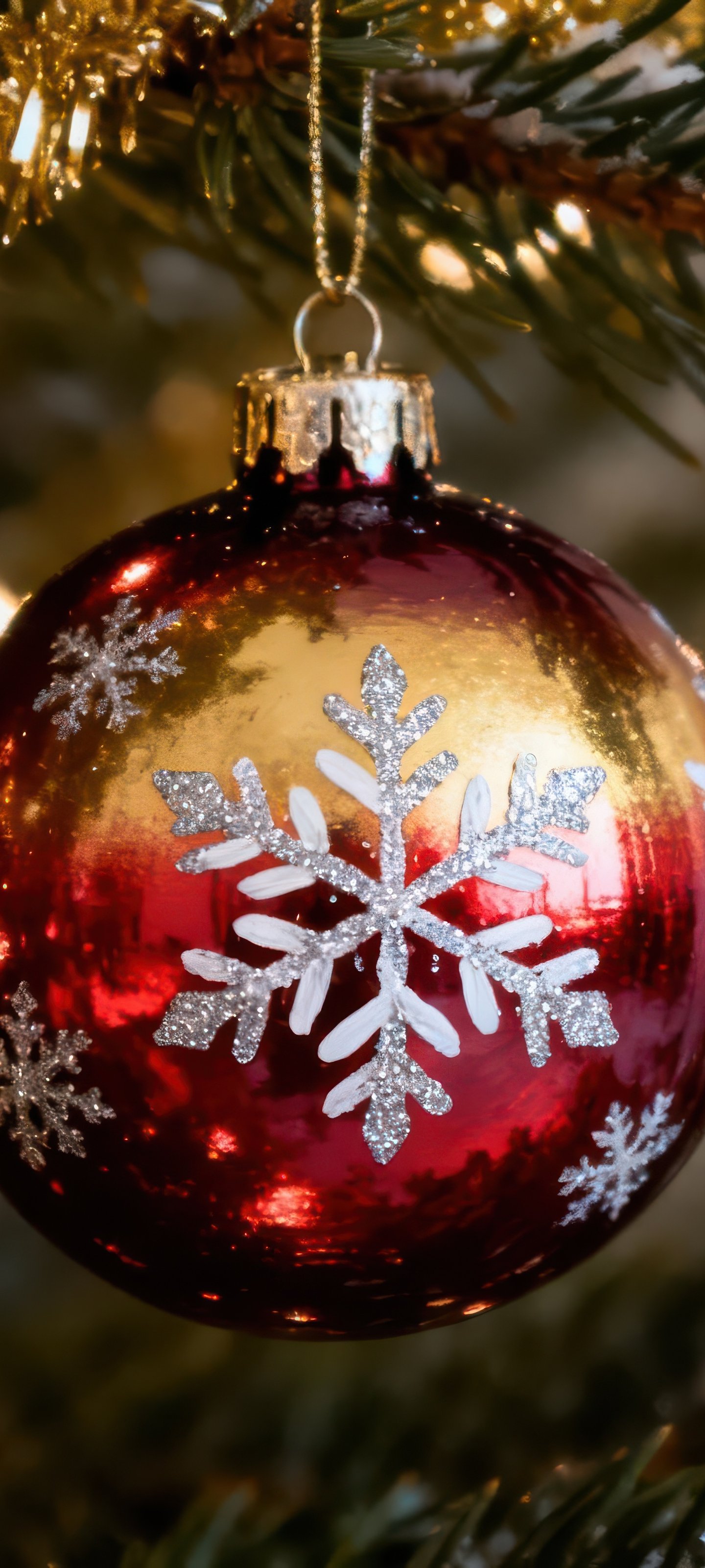 Red and gold Christmas ball on tree - Wallpapers for Xiaomi 13 Ultra/14 Ultra/15 Ultra/17 Pro Max, Samsung Galaxy S20/S20 Ultra/S21 Ultra in 1440x3200 resolution