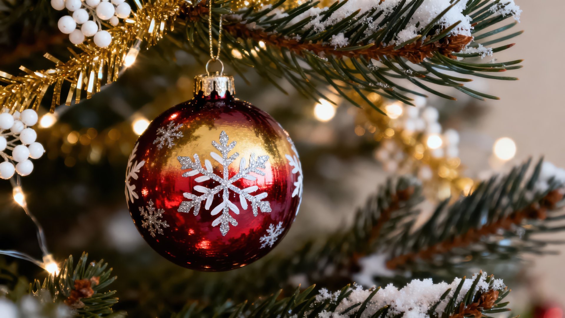 Red and gold Christmas ball on tree - Full HD wallpapers in 1920x1080 resolution