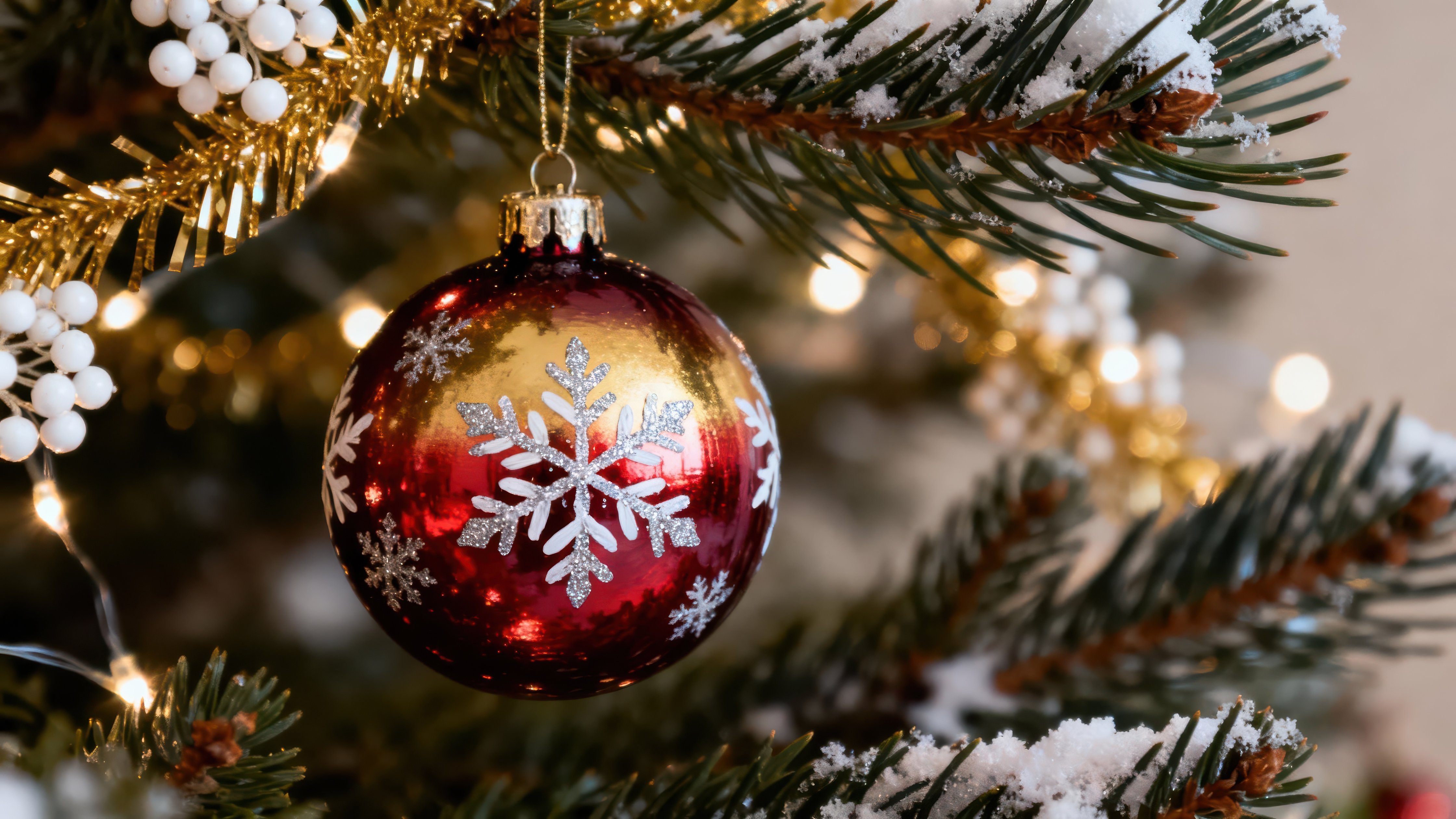 Red and gold Christmas ball on tree - Wallpapers for Apple iMac 24″ in 4480x2520 resolution