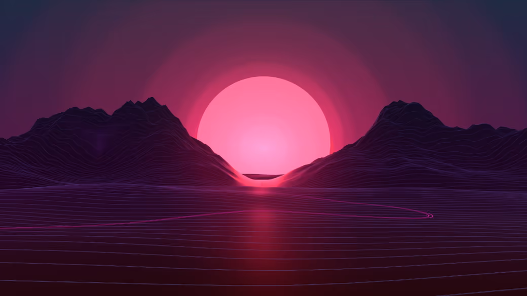 Neon sunset over the mountains — desktop and phone wallpaper, free download