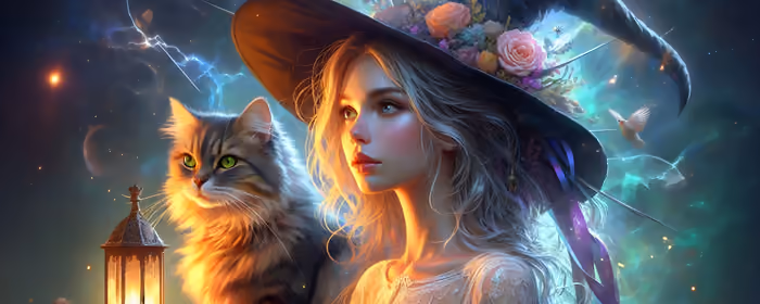 Fantasy wallpapers: witch, girl, cat, witch hat