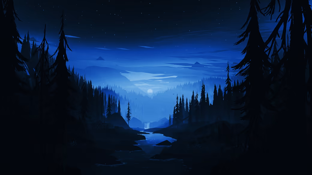 Mountain forest at night in the moonlight — desktop and phone wallpaper, free download