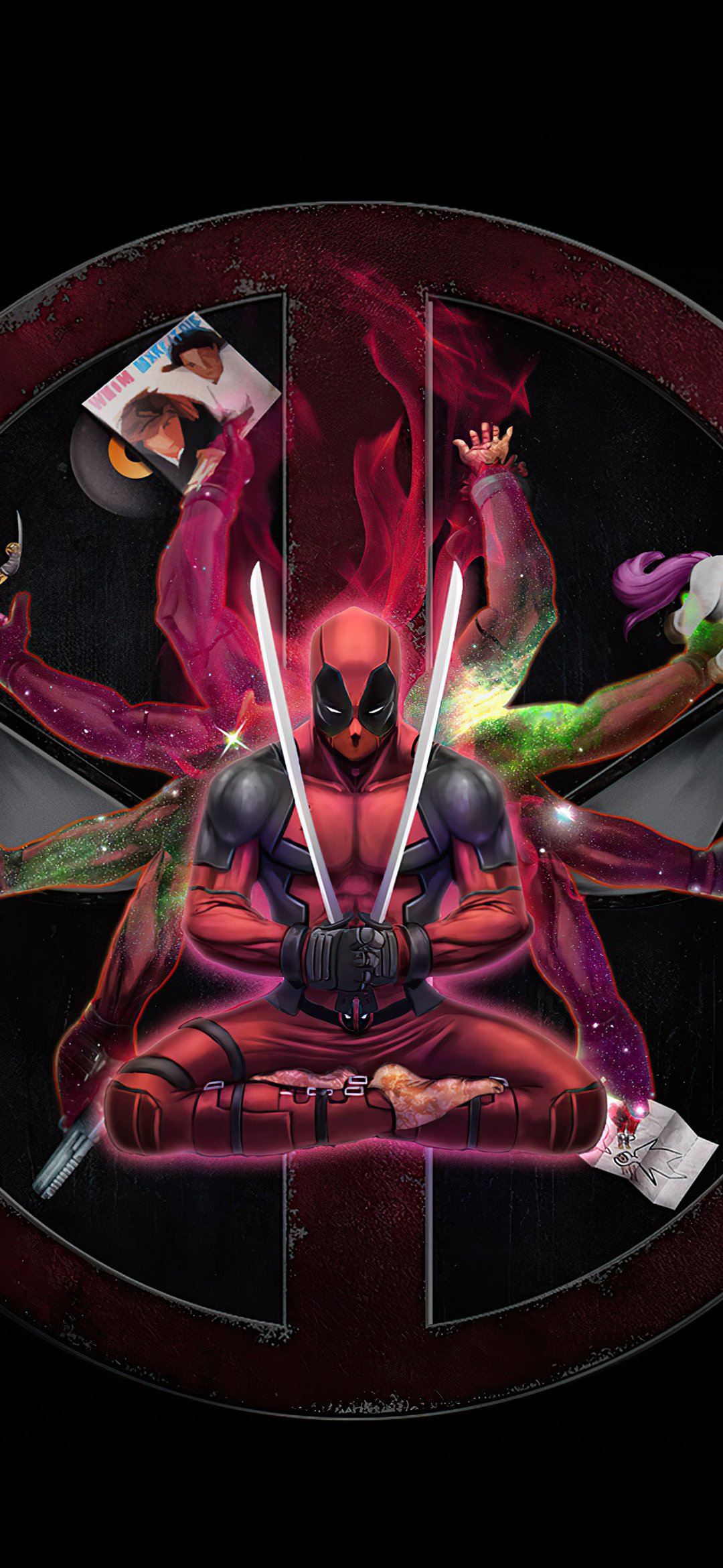 Marvel's Multi-armed Deadpool - Wallpapers for iPhone 12 mini/13 mini, Samsung Galaxy S24/S24 FE/S25/S25 FE/S26/A55/A56/A35/A26/A16/M15, Xiaomi, Sony Xperia in 1080x2340 resolution