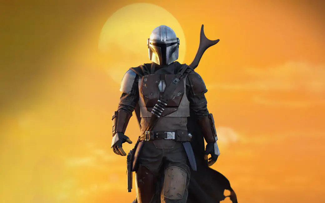 Mandalorian on the background of a yellow sunset — desktop and phone wallpaper, free download