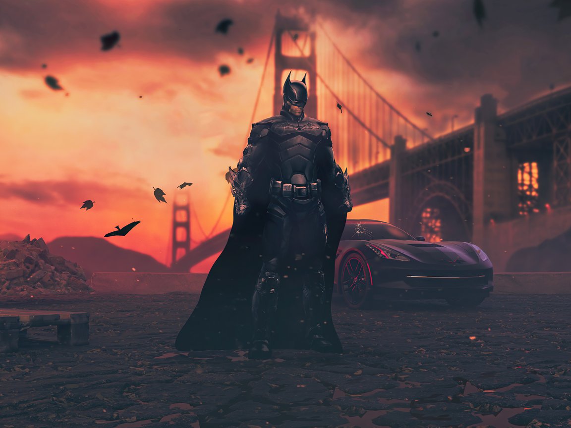 Batman and Bat Corvette at sunset - XGA+ wallpapers in 1152x864 resolution