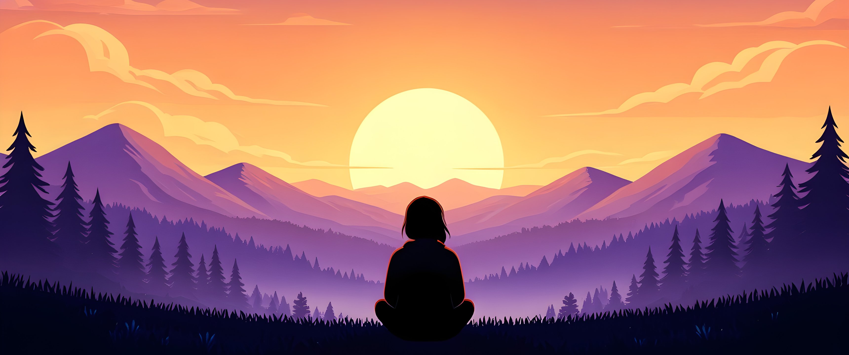 Child watches the sunset over the mountains - UltraWide 21:9 wallpapers in 3440x1440 resolution