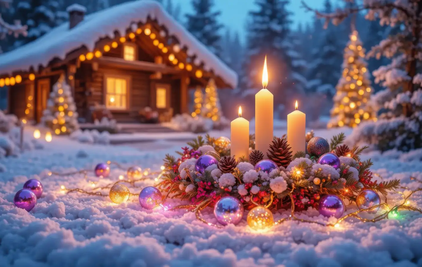 Christmas wreath, garland and candles — desktop and phone wallpaper, free download