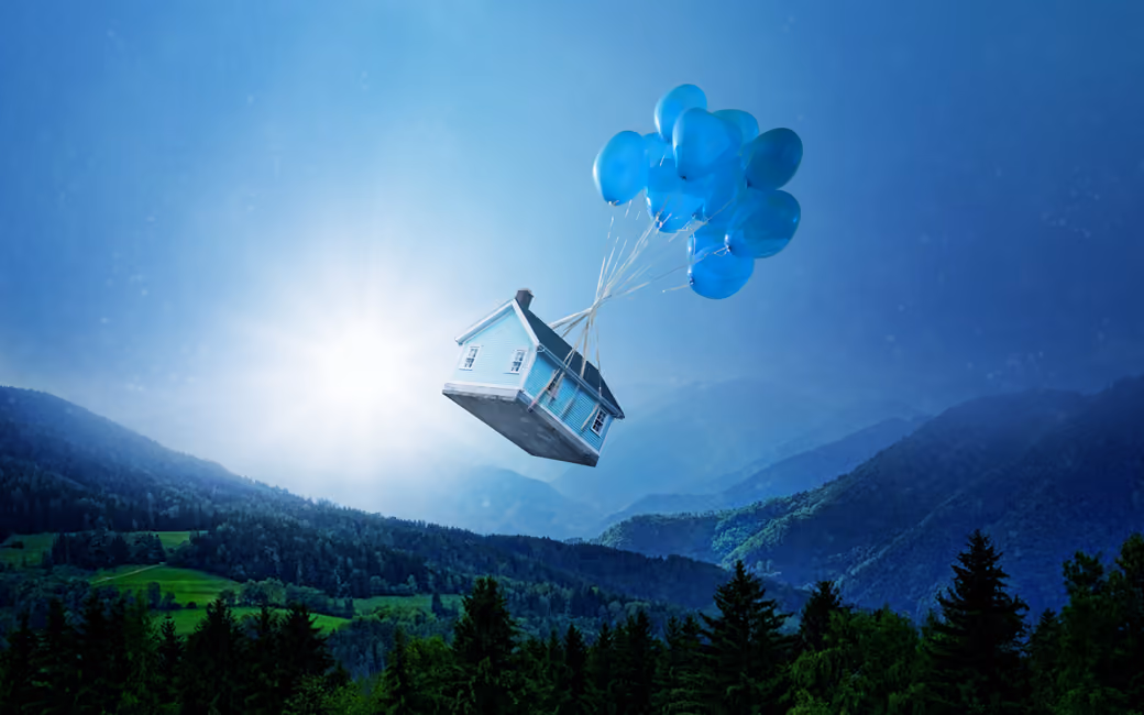 Balloon house over the forest — desktop and phone wallpaper, free download