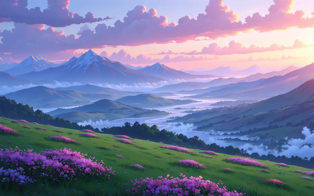 Mountain meadow with flowers and river at sunrise — desktop and phone wallpaper, free download