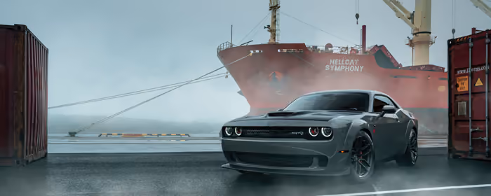 5K2K UltraWide 21:9 Industry wallpapers (5120x2160): Dodge Challenger, muscle car, body kit, ship