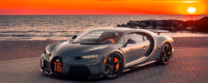 UltraWide 32:9 обои Bugatti (3840x1080): Bugatti Chiron, закат, вечер, океан
