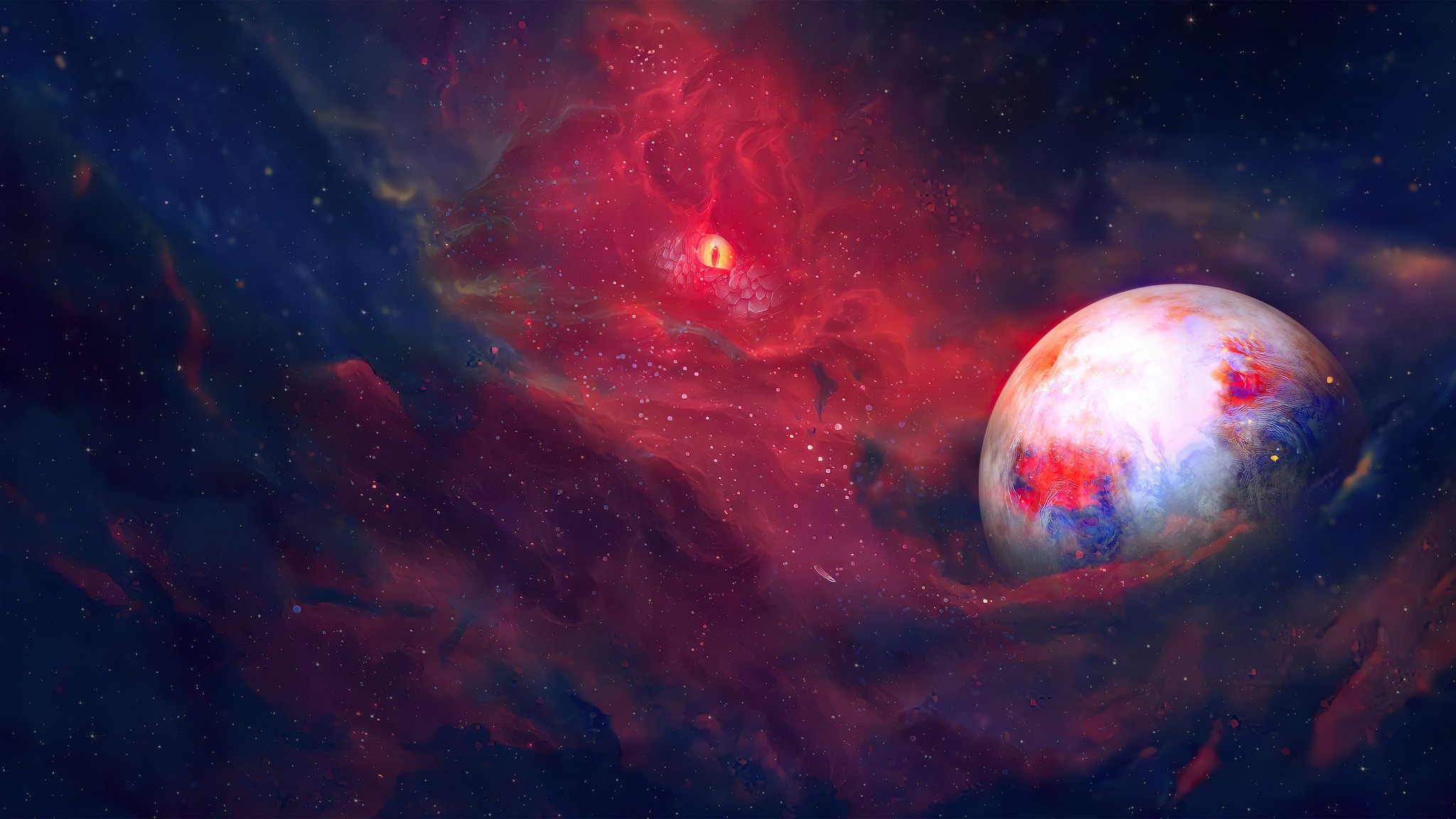 Planet in the red cosmic nebula - QWXGA wallpapers in 2048x1152 resolution