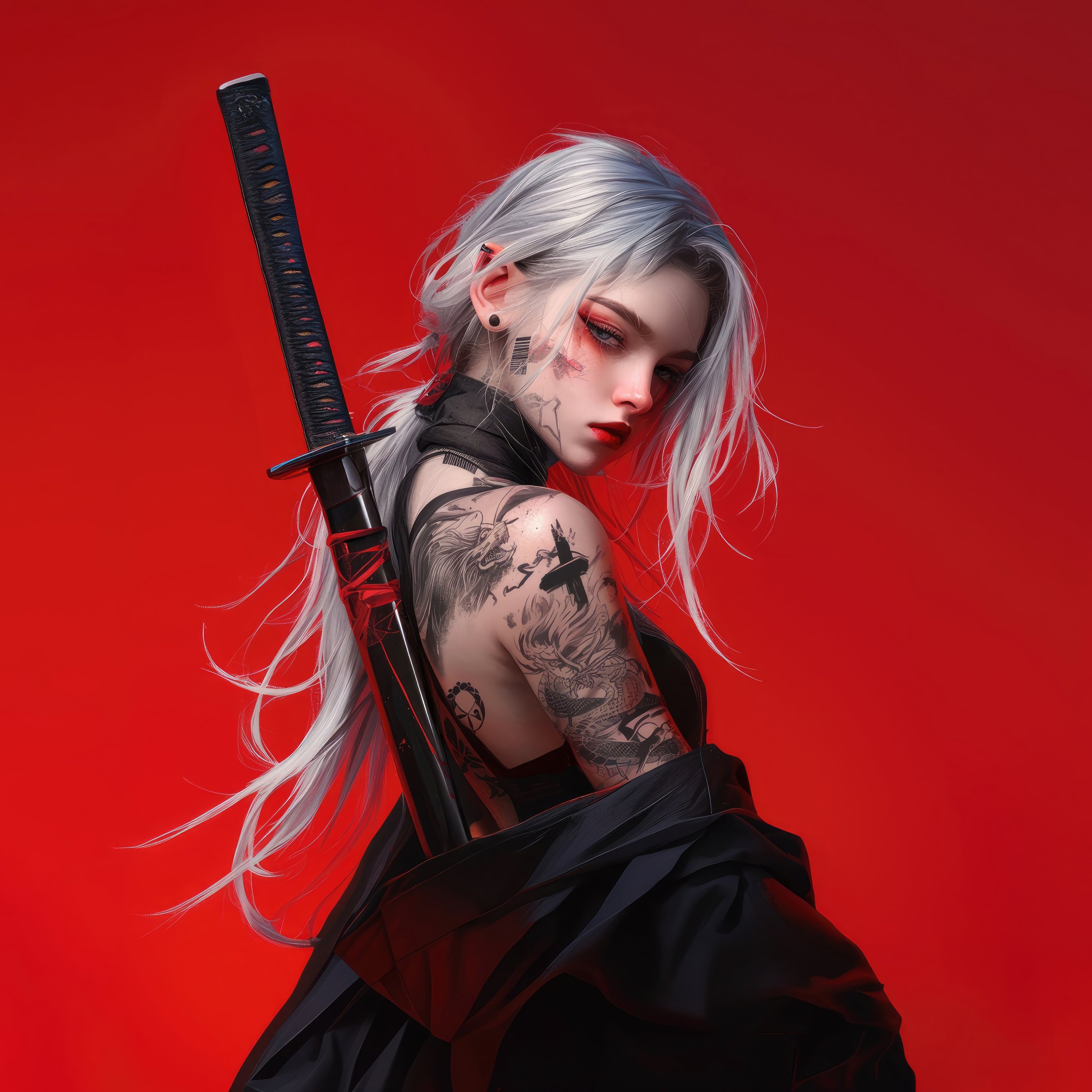 Anime girl with katana and tattoos - Wallpapers for iPad Pro 13″ in 2752x2752 resolution