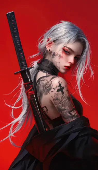 Wallpapers for TECNO/Infinix (1080x2460): anime Girl, blonde, tattoos, katana