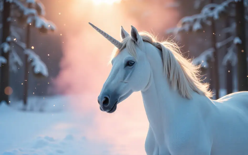 White unicorn in a winter forest — desktop and phone wallpaper, free download