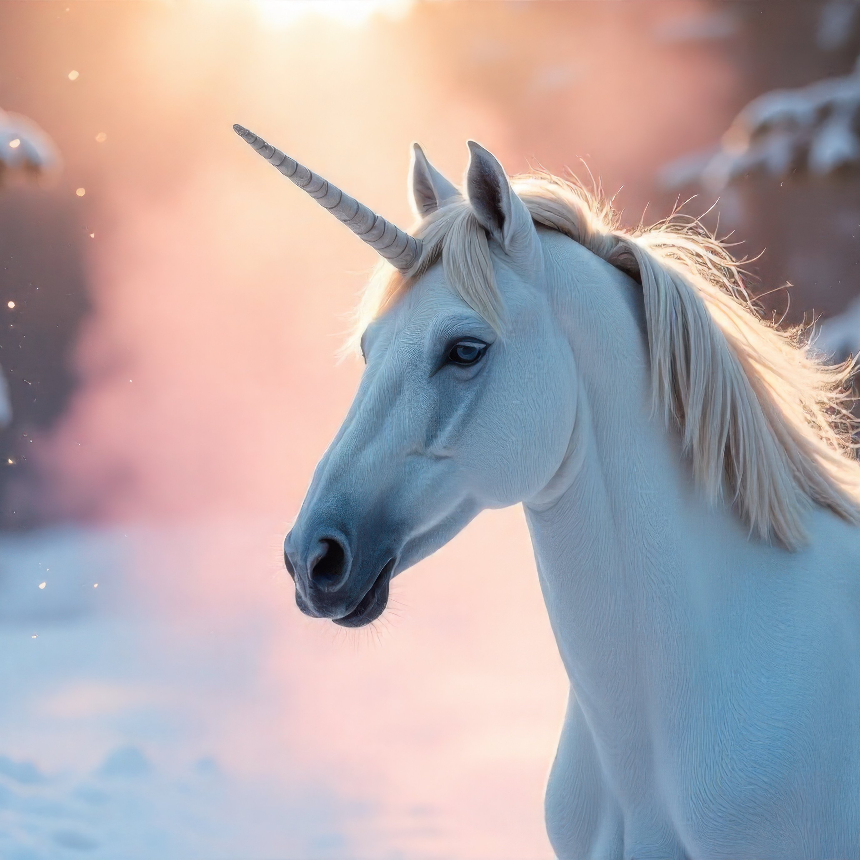 White unicorn in a winter forest - Wallpapers for iPad Pro 13″ in 2752x2752 resolution