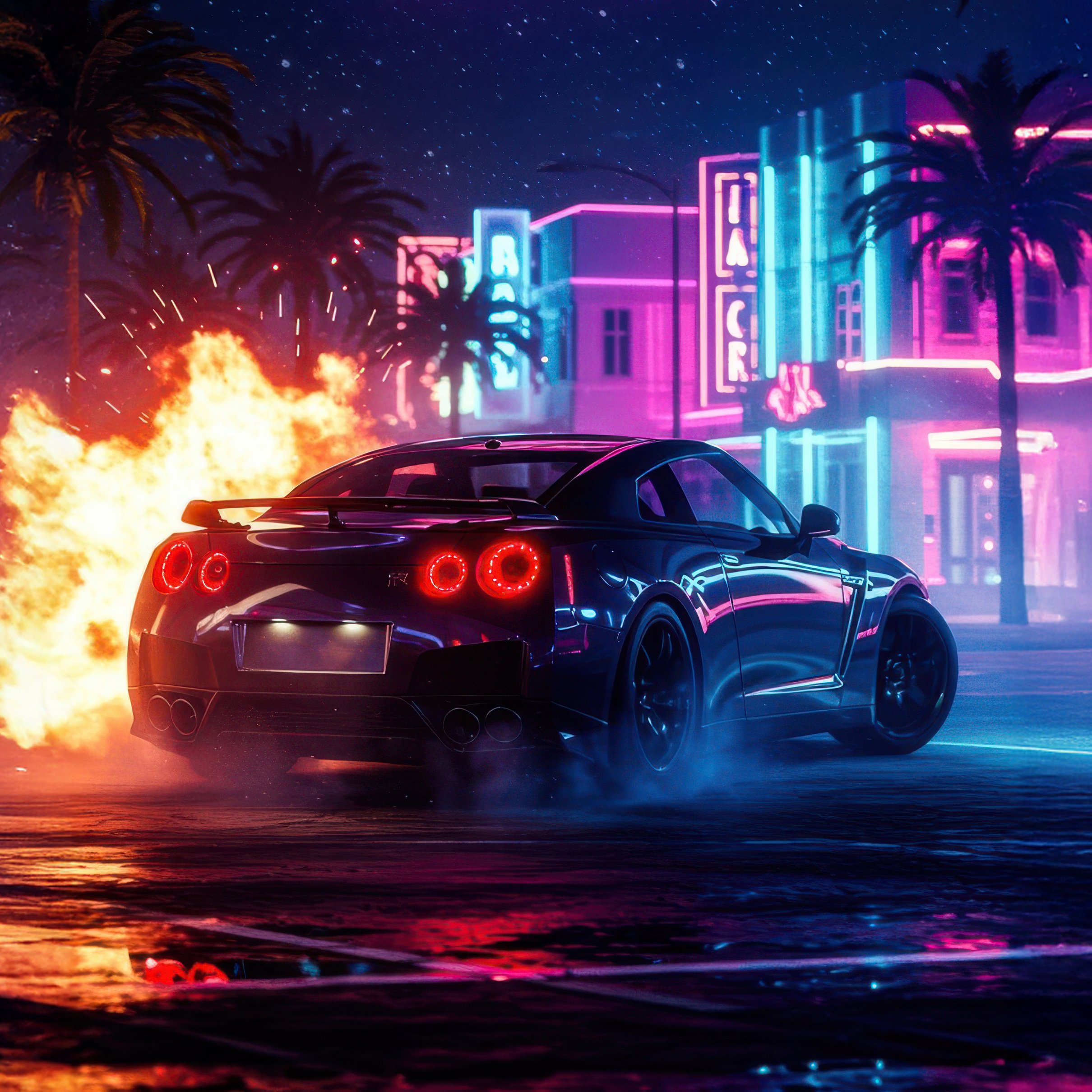 Nissan GTR дрифтует с огнем - Обои для iPad Pro 11″ 2024 в разрешении 2420x2420
