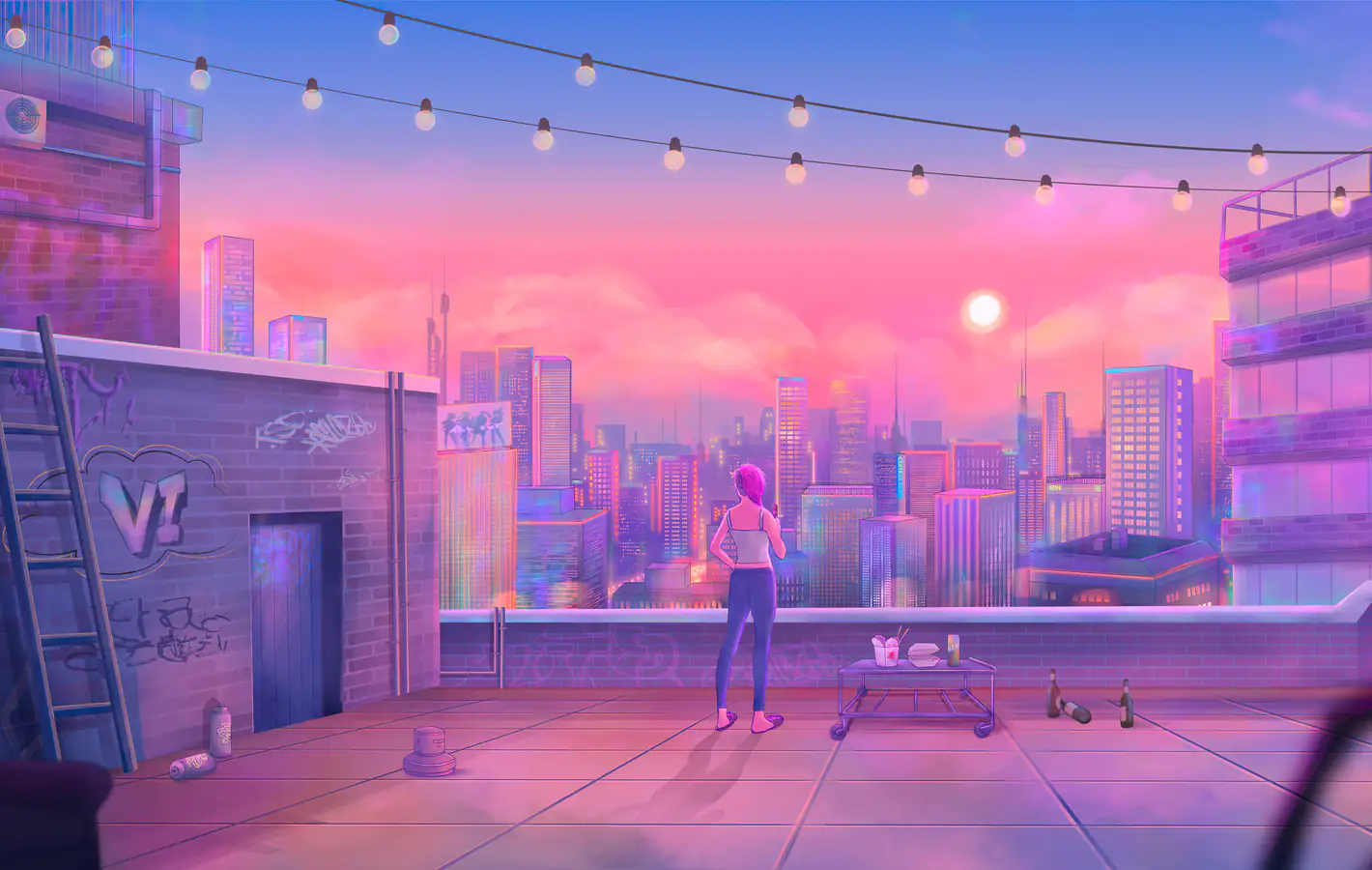 Pink sunset from the roof — desktop and phone wallpaper, free download