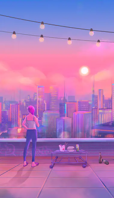 City wallpapers: rooftop, sunset, skyscrapers, girl