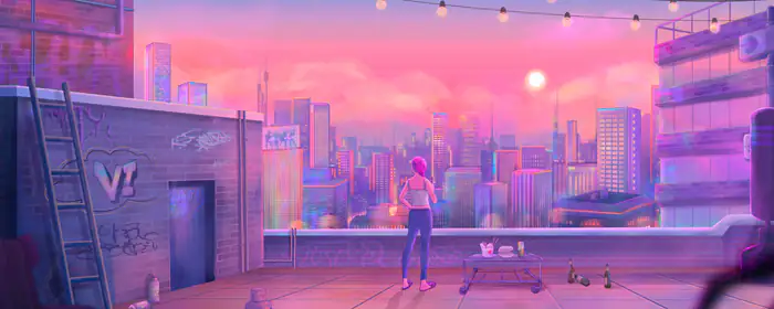 UltraWide 32:9 stringlight wallpapers (3840x1080): rooftop, sunset, skyscrapers, girl