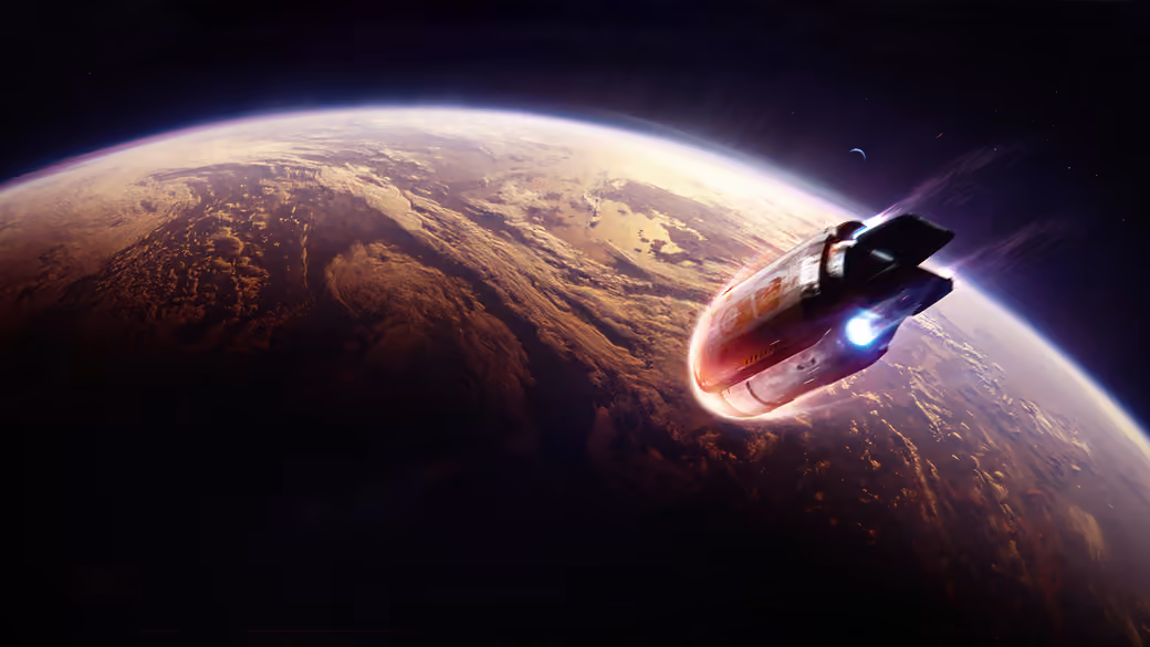 Spaceship is flying towards the planet — desktop and phone wallpaper, free download