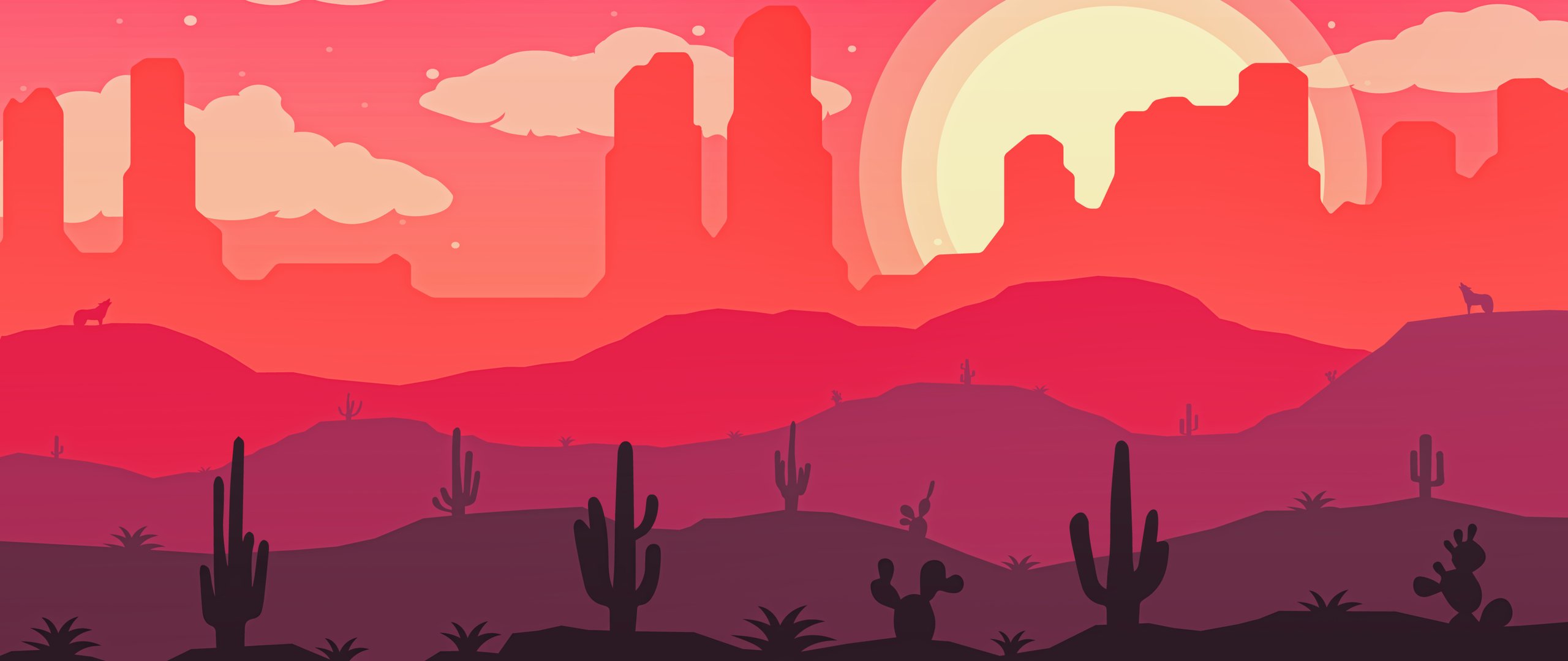 Desert with a cactus in a red sunset - UltraWide 21:9 wallpapers in 2560x1080 resolution