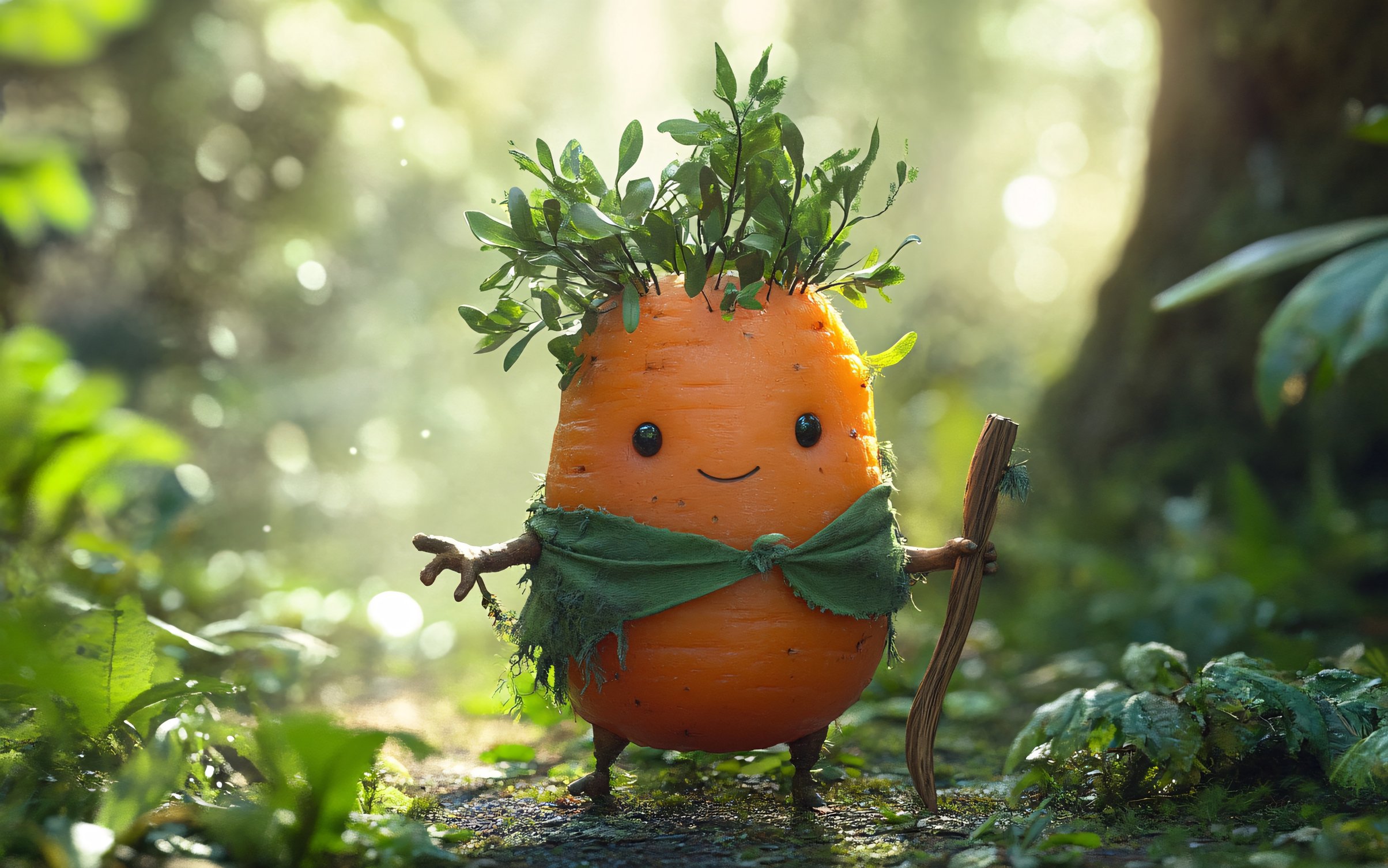 Cute fantasy creature carrot walking in forest - Wallpapers for MacBook Neo in 2408x1506 resolution