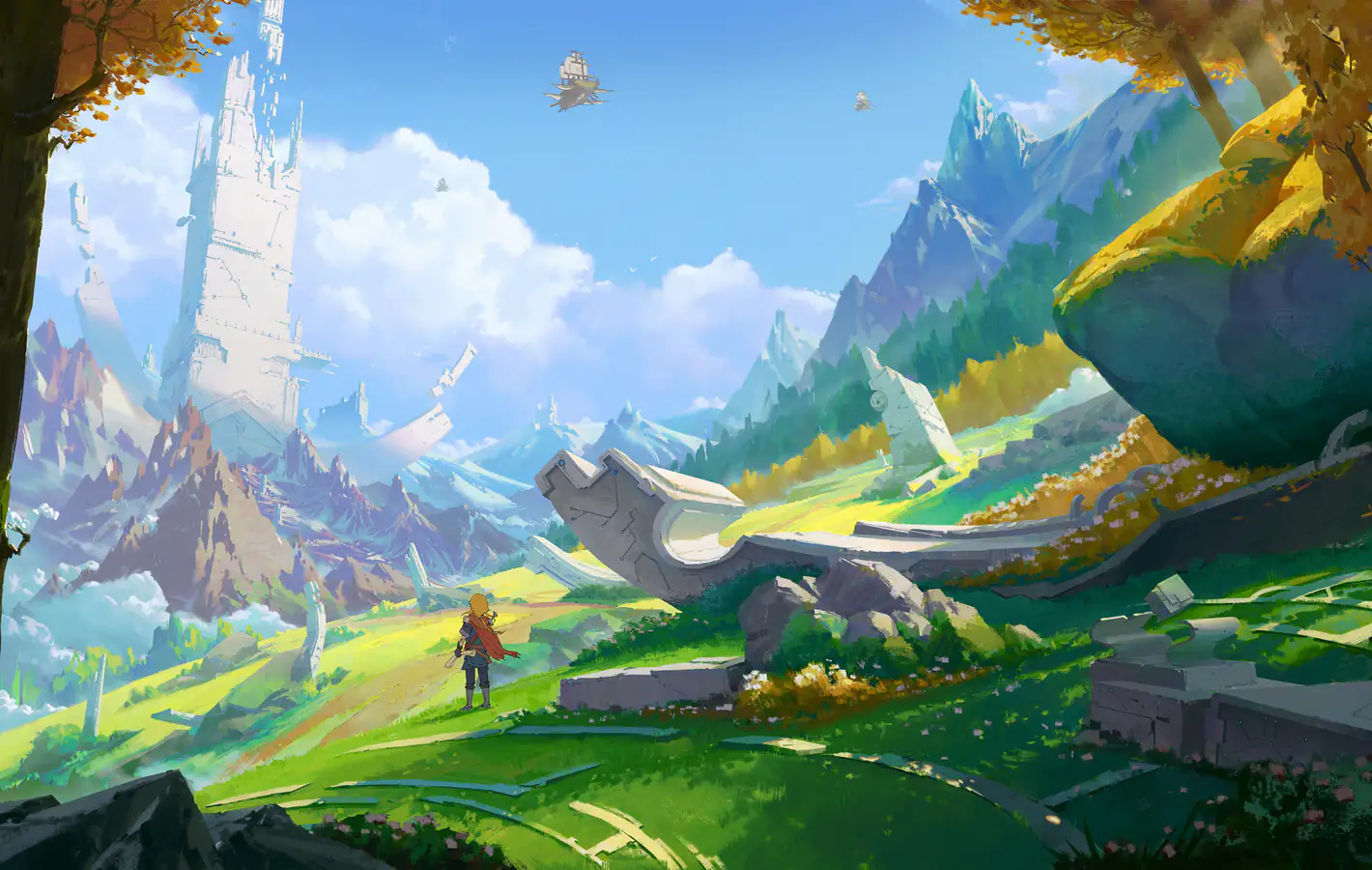 Fantasy warrior in ancient ruins landscape — desktop and phone wallpaper, free download