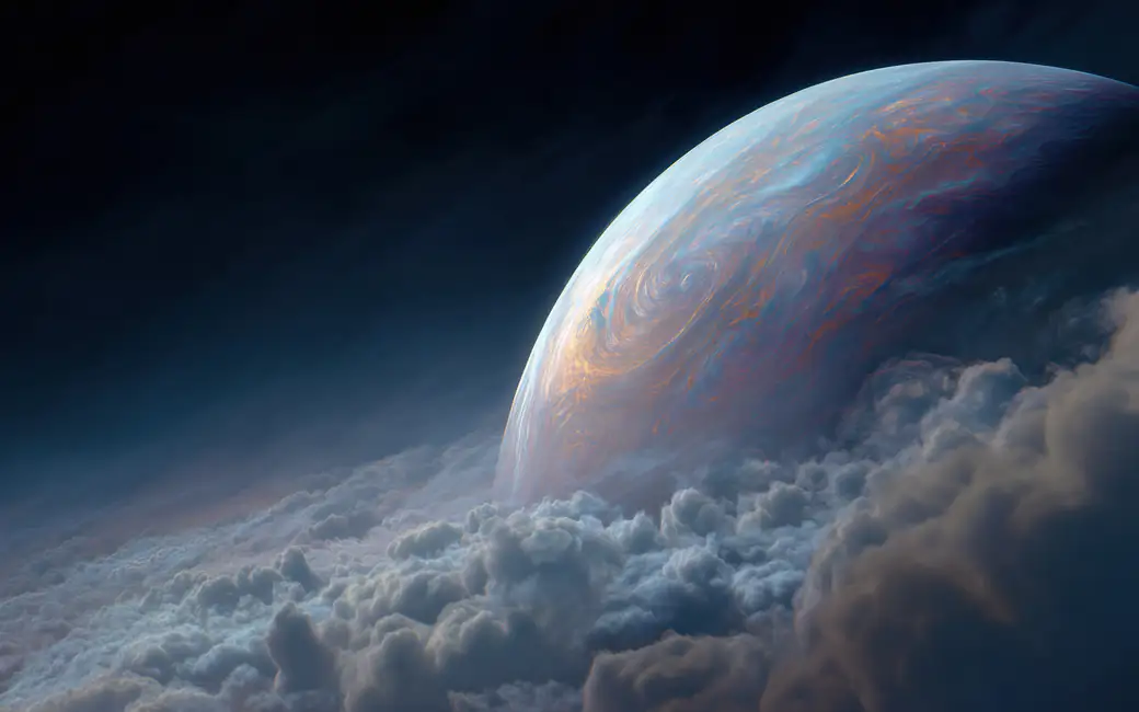 Planet among cosmic clouds — desktop and phone wallpaper, free download