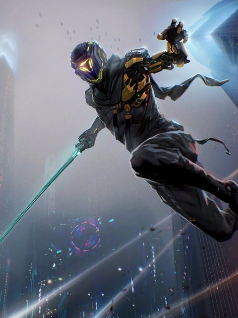 Ghostrunner с катаной в полёте - Обои для HTC/BlackBerry в разрешении 480x640