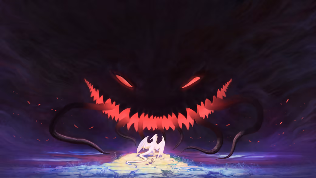 Small dragon versus a huge monster — desktop and phone wallpaper, free download