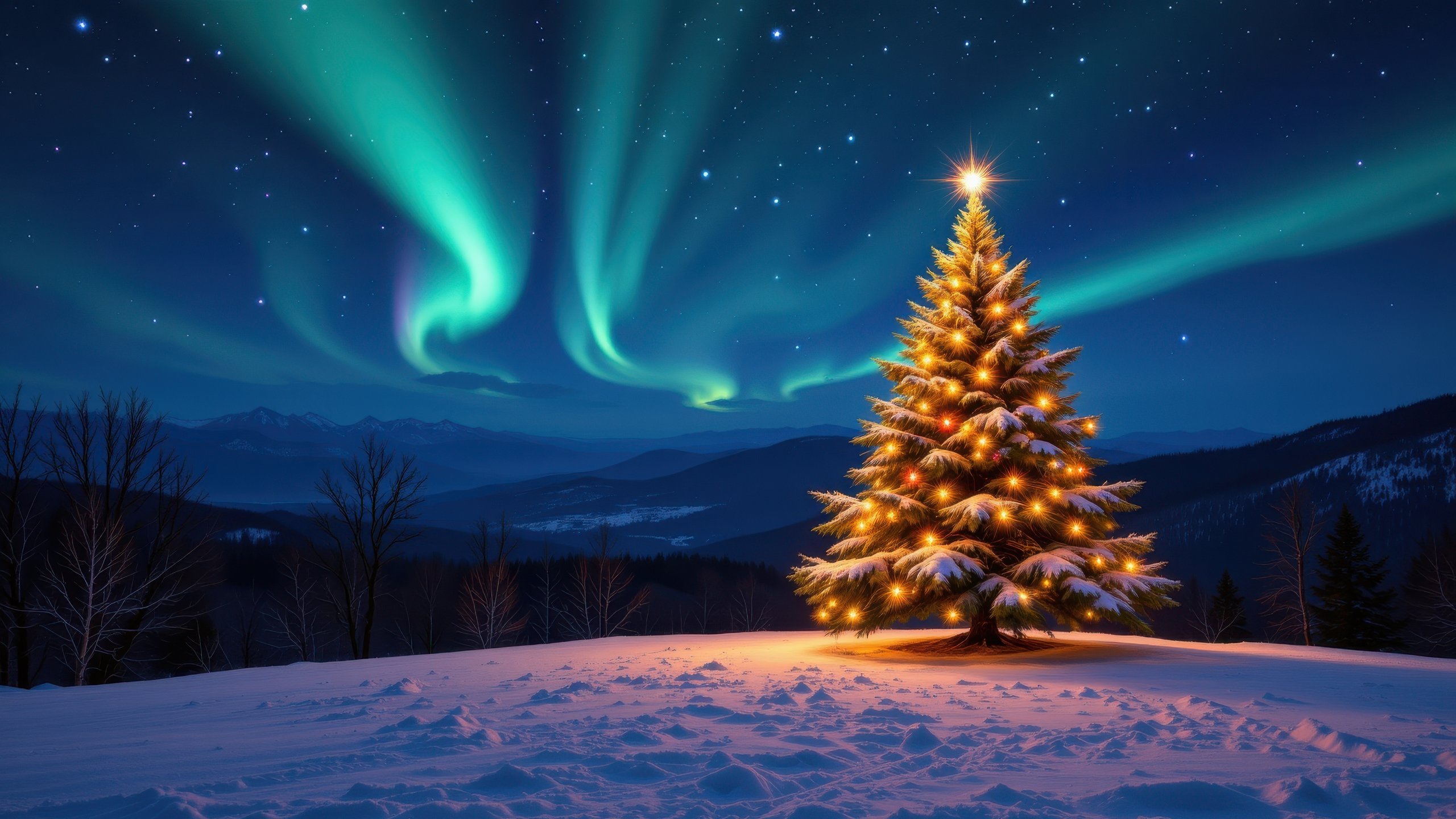 Christmas tree under the Northern Lights - 2K Quad HD wallpapers