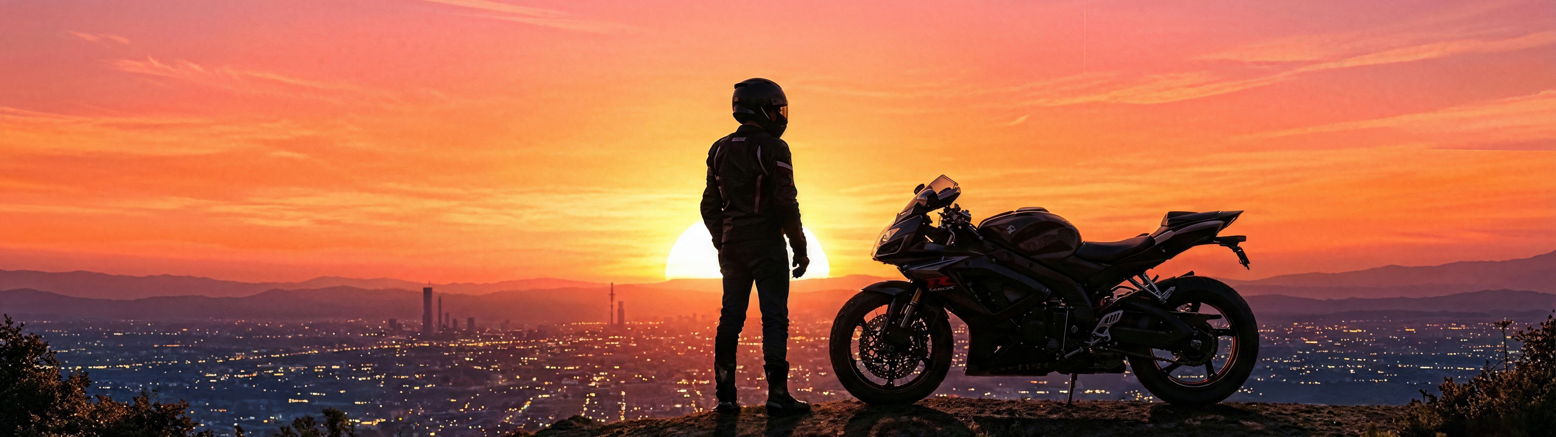 Motorcyclist at sunset - UltraWide 32:9 wallpapers in 5120x1440 resolution