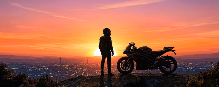 City wallpapers: motorcycle, man, skyline, sunset
