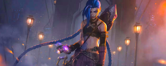 Обои уличный фонарь для двух мониторов (7680x2160): Джинкс, League Of Legends, синие волосы, оружие