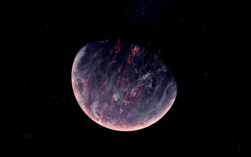 Volcanic planet with red lava — desktop and phone wallpaper, free download