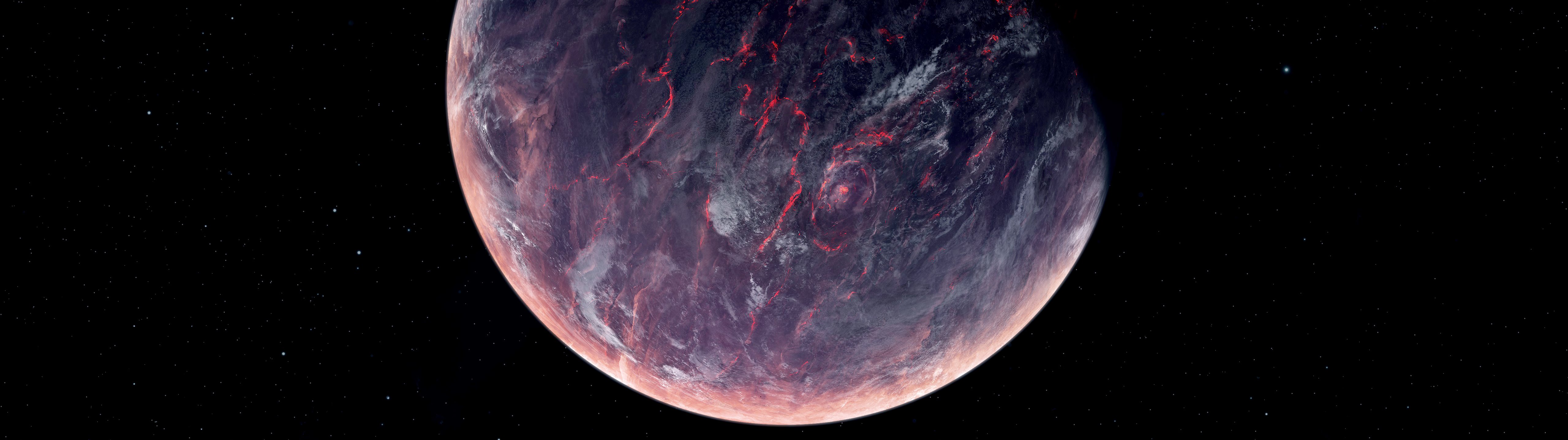 Volcanic planet with red lava - UltraWide 32:9 wallpapers in 5120x1440 resolution
