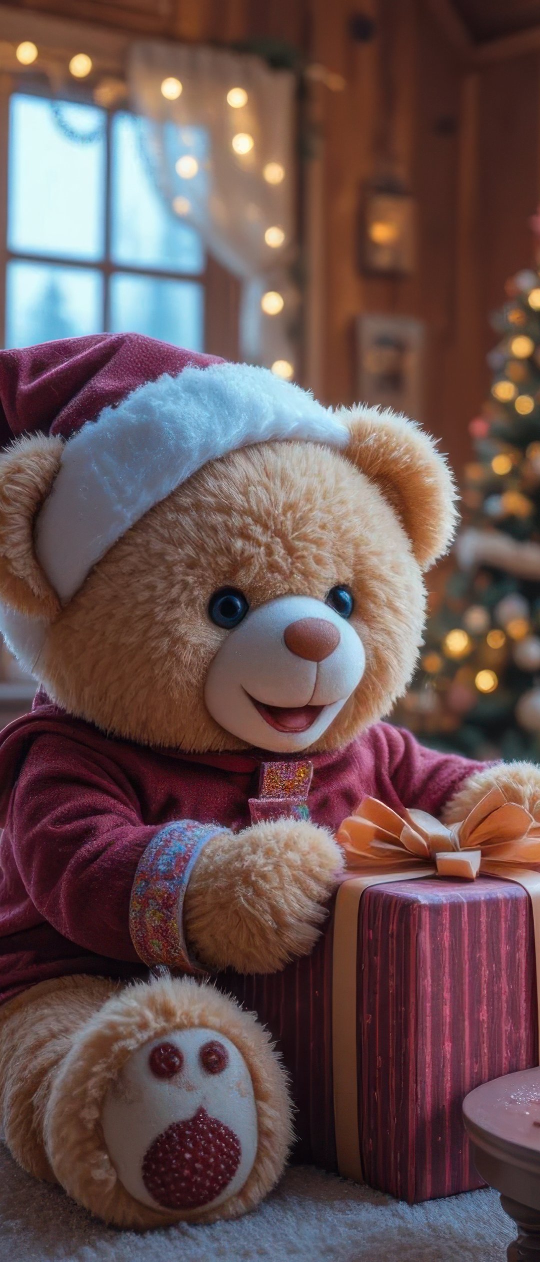 Christmas teddy in a Santa hat - Wallpapers for Samsung Galaxy Z Flip7, Sony Xperia 5 II/5 III/5 V/10 IV/10 V, Xiaomi Mix Fold 3 in 1080x2520 resolution