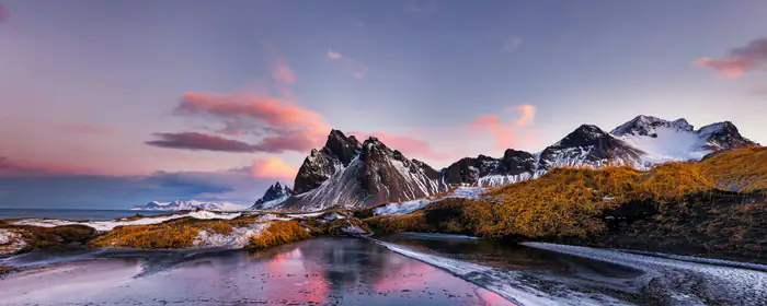 UltraWide 21:9 обои снег (3440x1440): горы, Исландия, фьорд, ледник
