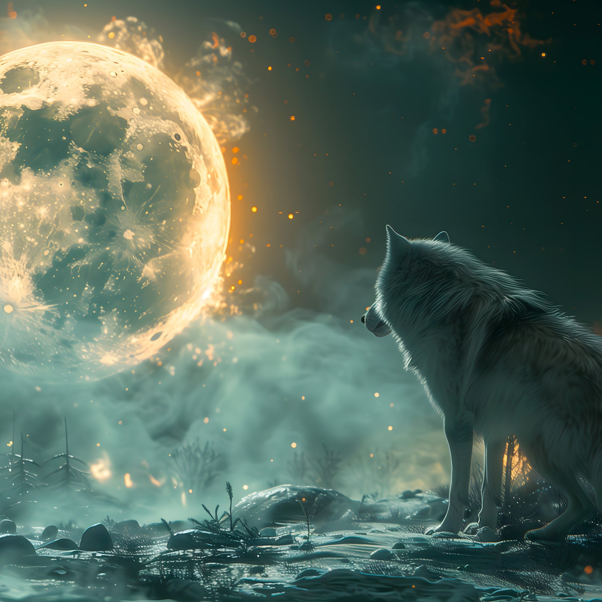 The Wolf and the full moon - Wallpapers for Samsung/Xiaomi in 2000x2000 resolution