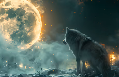 5K Mood wallpapers (5120x2880): wolf, moon, night, fog